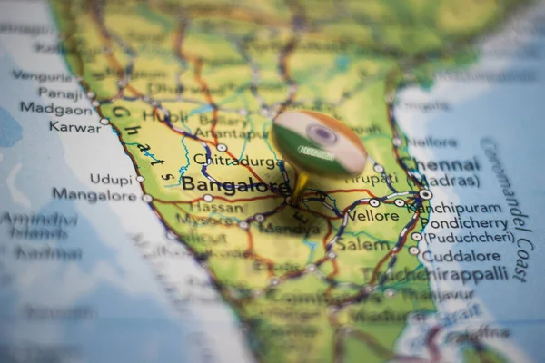 Bangalore pinned on a map with the flag of India