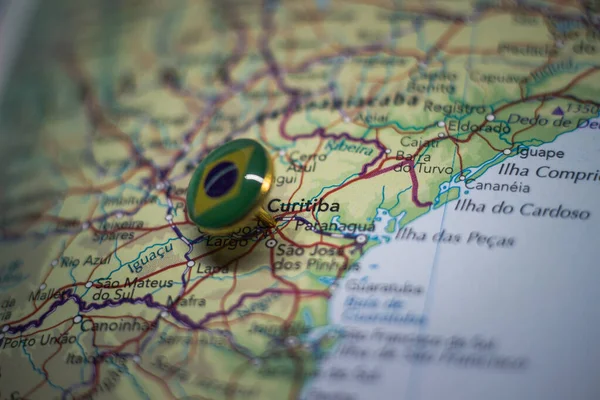Curitiba Appuntato Una Mappa Con Mappa Brasile — Foto Stock