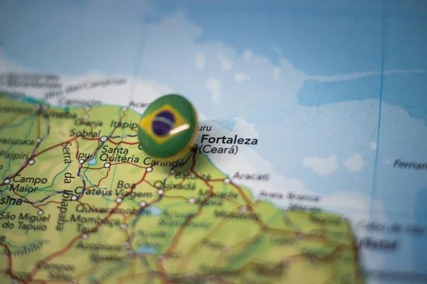 Fortaleza pinned on a map with the flag of Brazil