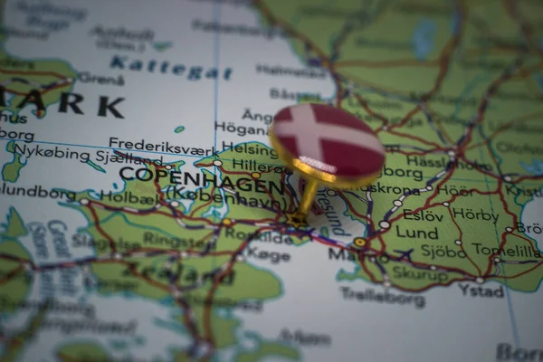 Copenhaga Fixou Num Mapa Com Bandeira Dinamarca — Fotografia de Stock