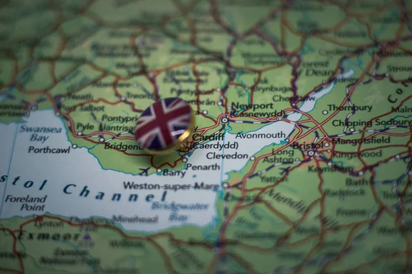 Cardiff pinned on a map with the flag of United Kingdom