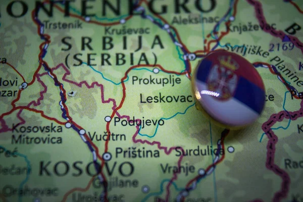 Leskovac pinned on a map with flag of Serbia