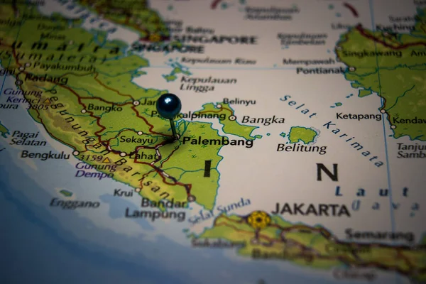 Palembang City Indonesia Pinned Geographical Map — 图库照片