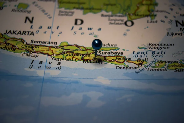 Malang City Indonesia Pinned Geographical Map — 图库照片