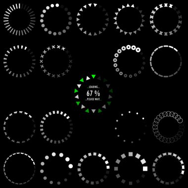 Loading, progress or buffering spinning icons on dark background clipart