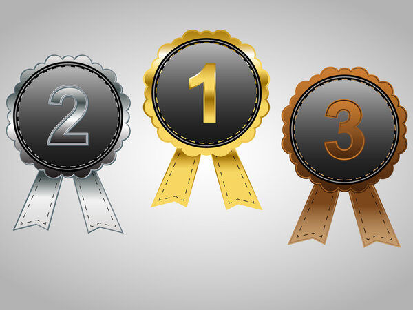 Gold, Silver and Bronze badges with ribbons, for first, second, and third place awards, vector