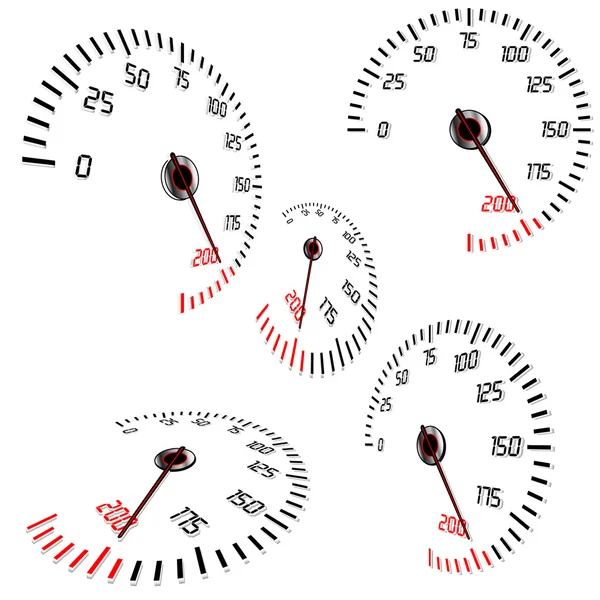 Compteurs de vitesse abstraits, vues normales et en perspective, vecteur, isolé en blanc — Image vectorielle