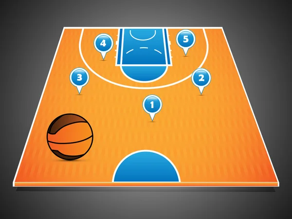 Media cancha de baloncesto abstracta en perspectiva, con marcas de posiciones de jugadores — Vector de stock