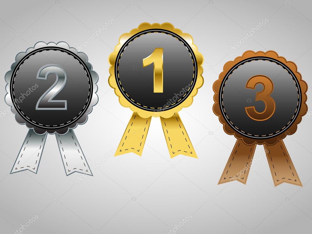 Gold, Silver and Bronze badges with ribbons, for first, second, and third place awards, vector