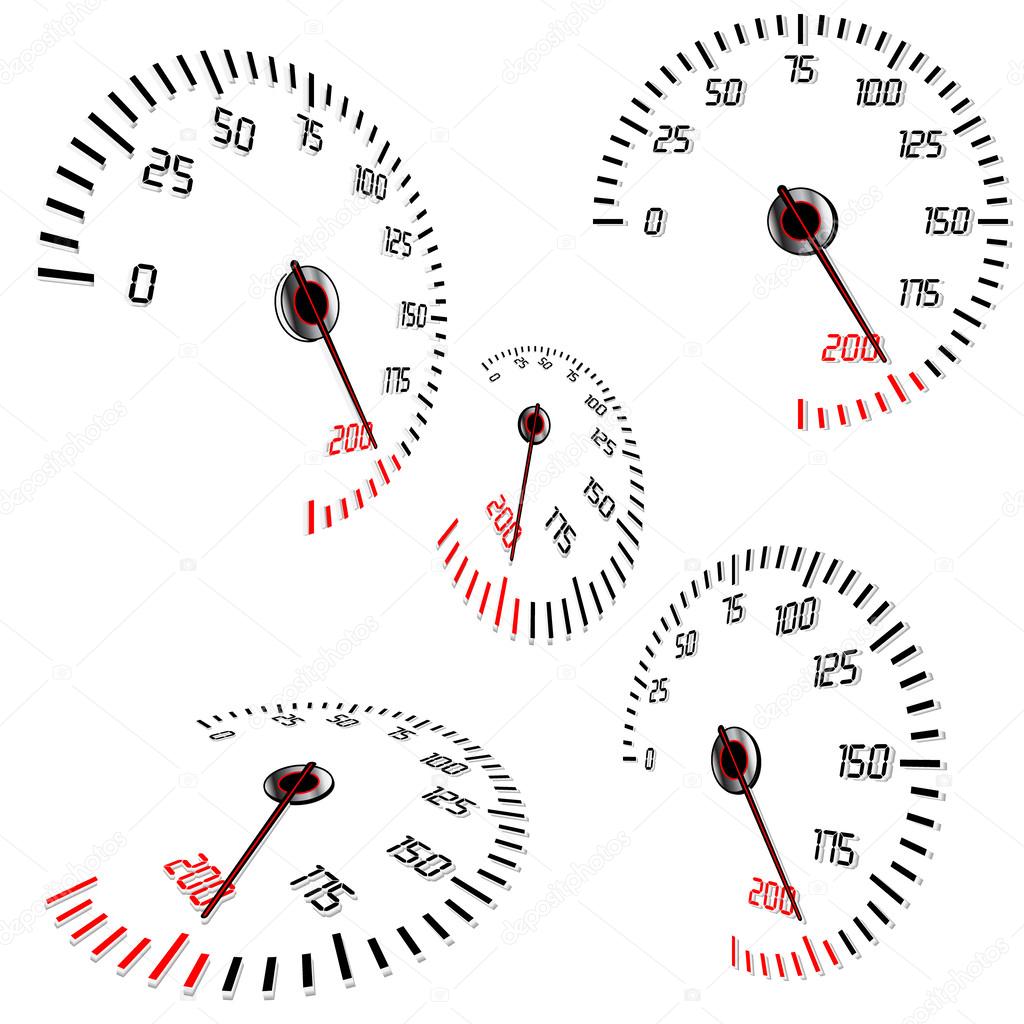Abstract speedometers, normal and perspective views, vector, isolated in white