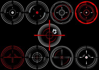 Set of nine abstract cross hairs, on black background clipart