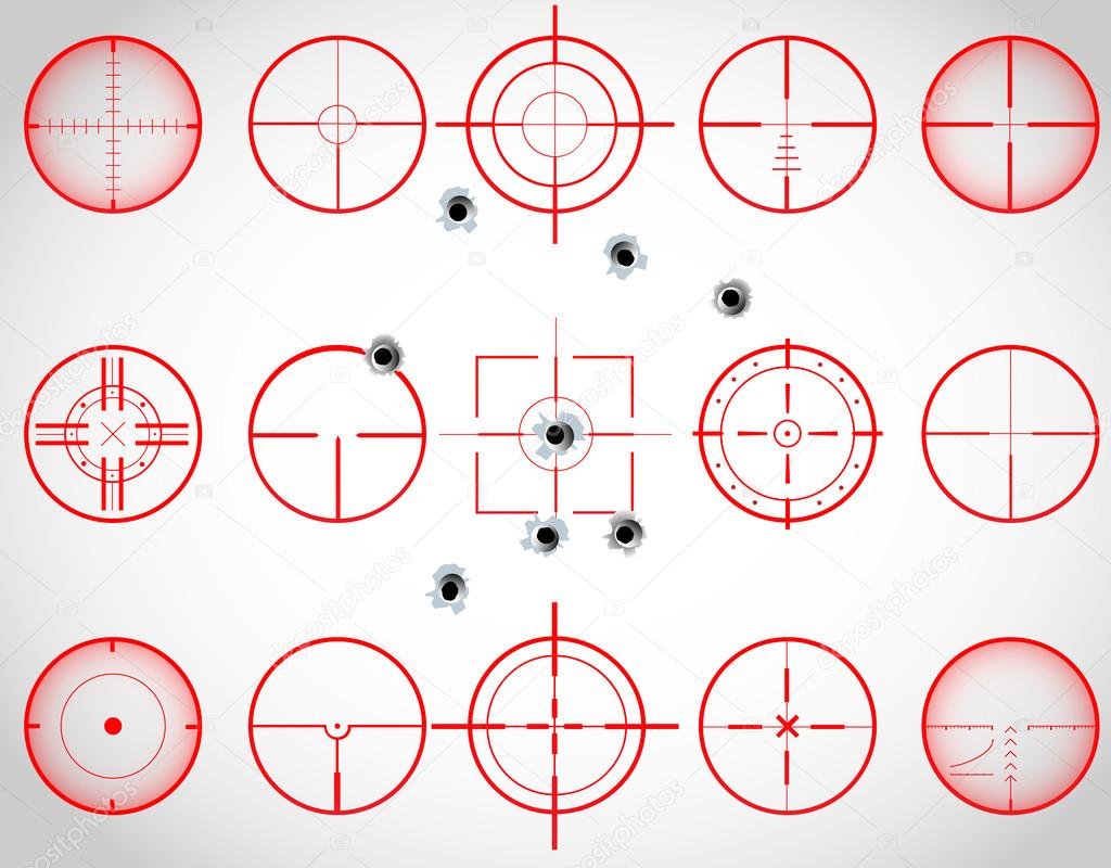 Set of fifteen red cross hairs, with bullet holes, vector