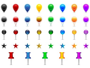 Set of colorful location pointers, pins, stars, needles, speech bubbles clipart
