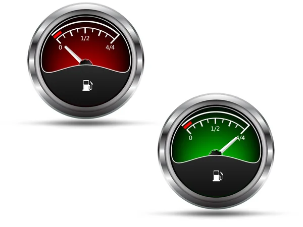 Manómetros de combustible, aguja vacía y de posición completa, aislados sobre fondo blanco, vector — Archivo Imágenes Vectoriales