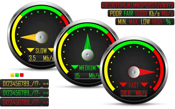 Medidor de teste de velocidade na Internet, com três posições de agulha, vetor —  Vetores de Stock