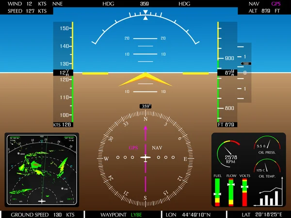 Flugzeug Glas Cockpit-Anzeige mit Wetterradar und Triebwerksanzeigern — Stockvektor