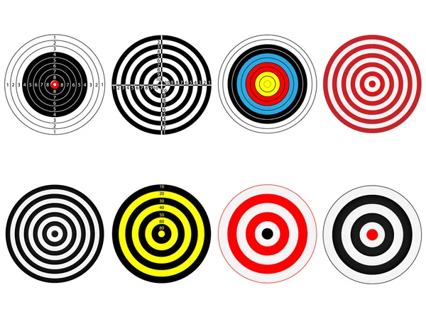 Set of eight vector targets, isolated on white — Stock Vector