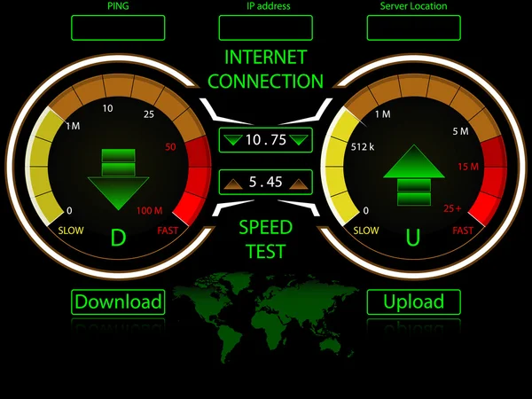 Internet connection speed test gauges,download and upload,with world map for server locations — Stock Vector