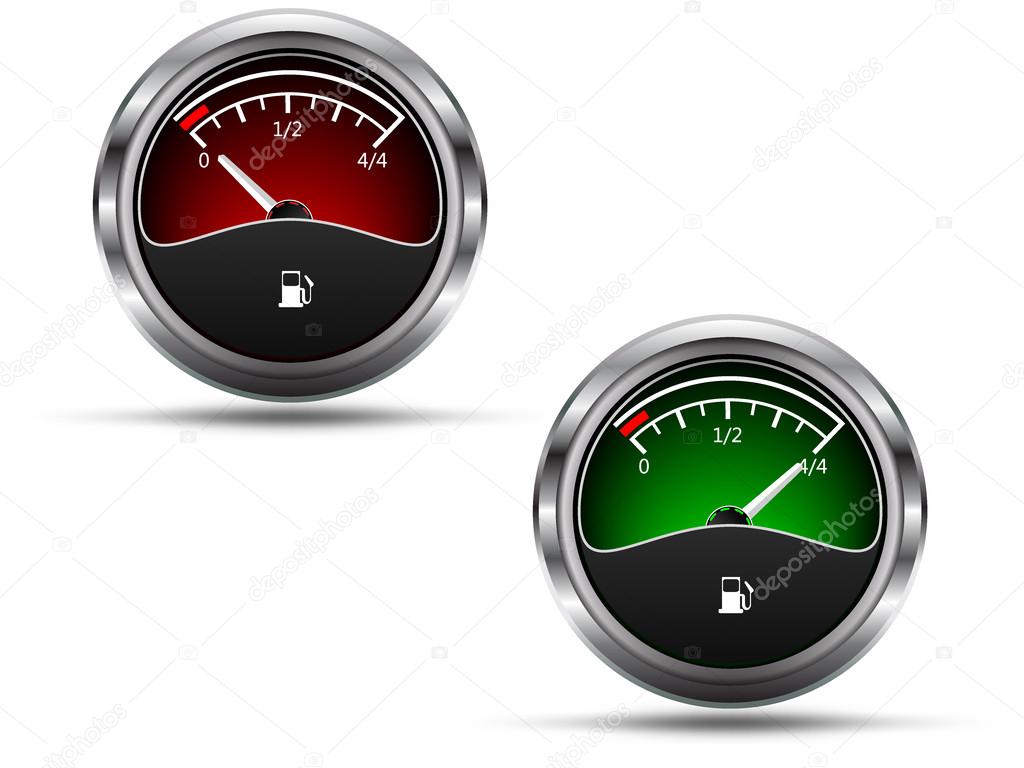 Fuel gauges, empty and full position needle, isolated on white background, vector