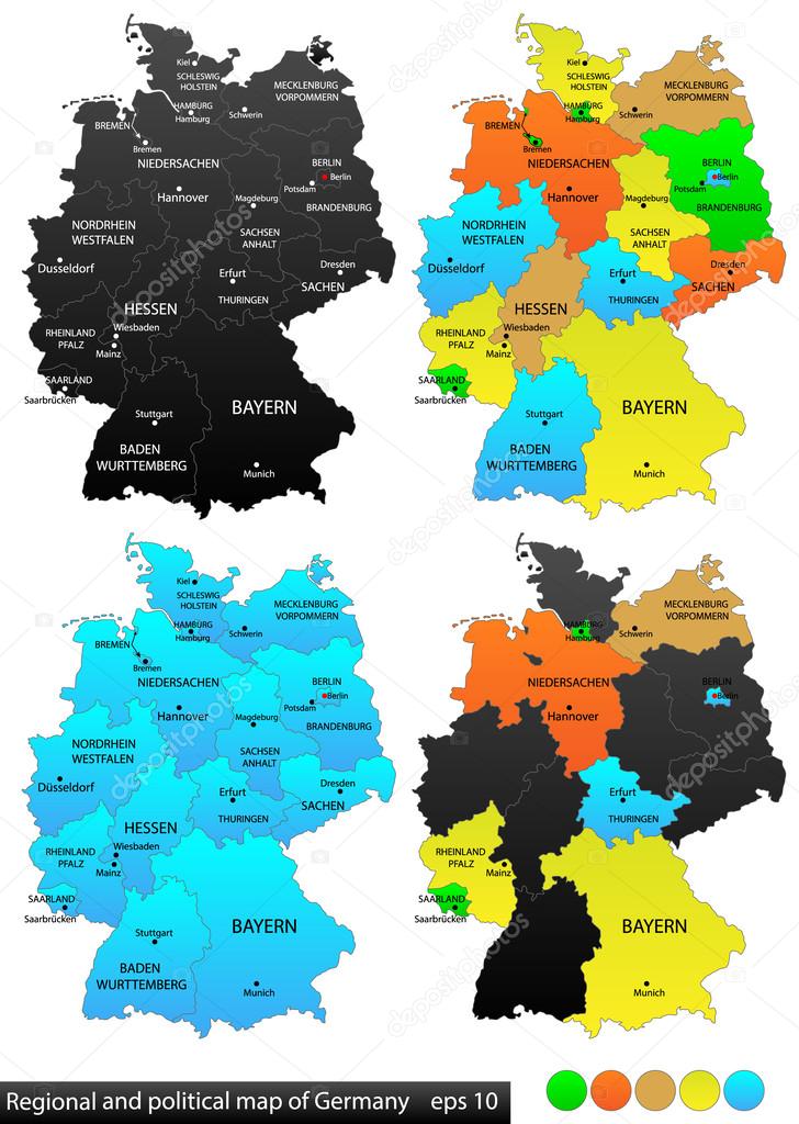 Political and location map of Germany. Versatile file, every piece is selectable and editable in layers panel. Turn on and off visibility of every province in one click. Vector, eps 10.