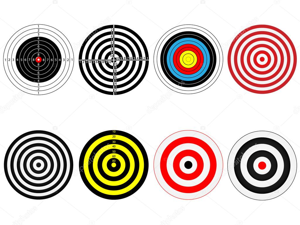 Set of eight vector targets, isolated on white
