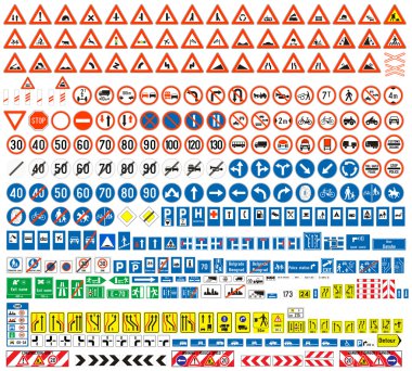 European traffic signs collection. Signs of danger. Mandatory signs.Signs of obligations. Signs of alerts. Supplementary tables. Tables of routing. Temporary traffic signs. 308 signs, vector. clipart