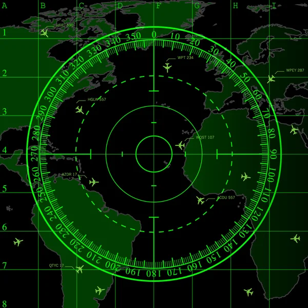 Schermo radar verde su linee di griglia quadrate e mappa altamente dettagliata del mondo, vettore — Vettoriale Stock