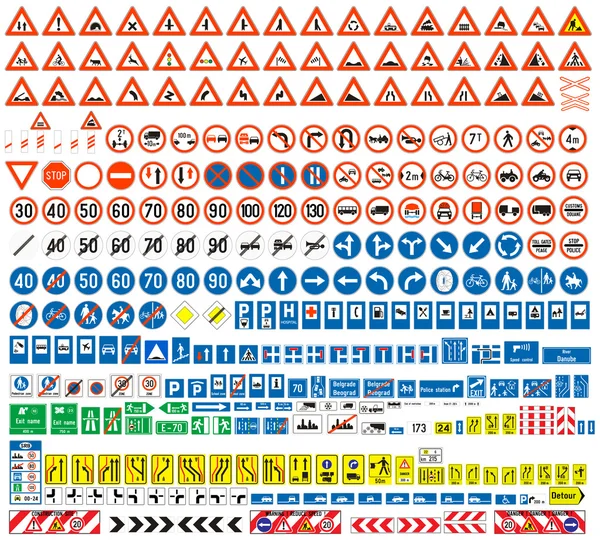 Raccolta di segnali stradali europei. Segni di pericolo. Segni obbligatori.Segni di obblighi. Segni di allerta. Tavoli supplementari. Tabelle di instradamento. Segnali stradali temporanei. 308 segni, vettore . — Vettoriale Stock