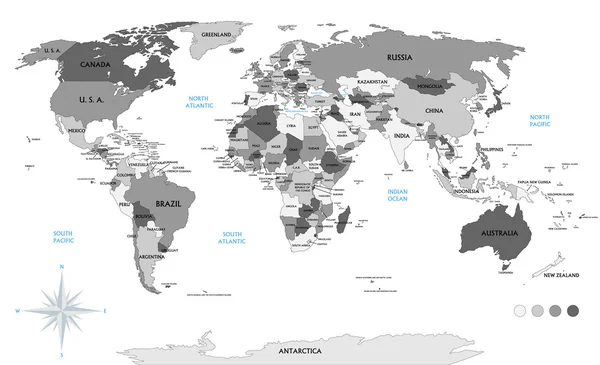 Mapa político del mundo sobre fondo blanco, con cada estado etiquetado y seleccionable (etiquetado en el panel Capas también). Archivo versátil, activa la visibilidad y el color de cada país con un solo clic . — Archivo Imágenes Vectoriales