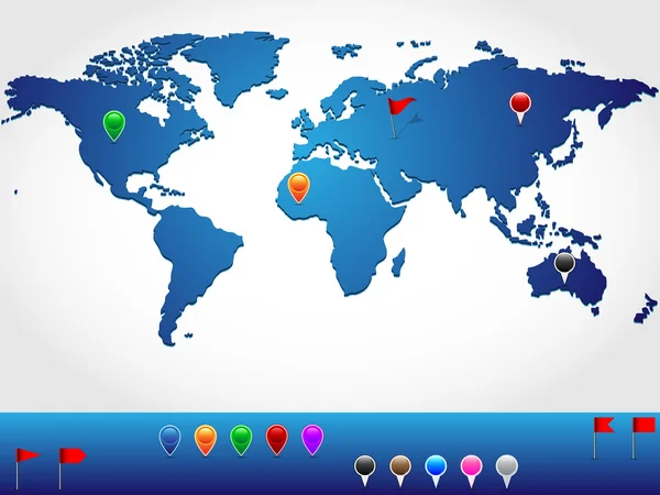 わずか 3 d 外観とカラフルなピンと位置のピンポイント用バナーの観点で世界地図 — ストックベクタ