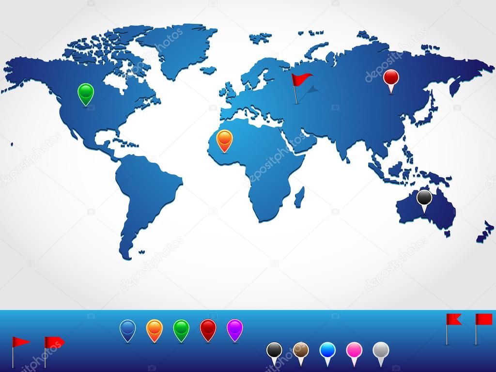 World map in slight 3d look and perspective, with colorful pins and banners for location pinpoint