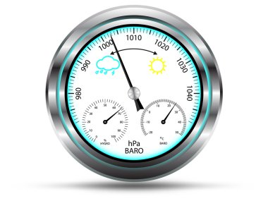 Barometer instrument, with two extra scales for measuring air temperature and air humidity, with metal frame, isolated on white, vector clipart