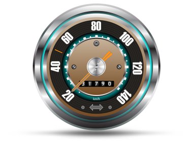 Retro style speedometer, with silver chrome frame, isolated on white background, vector clipart