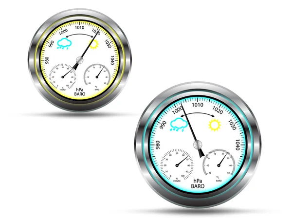 Dois instrumentos barométricos, com indicador de luz em duas cores, dependendo da pressão do ar, com moldura metálica, isolados em branco, vetor — Vetor de Stock