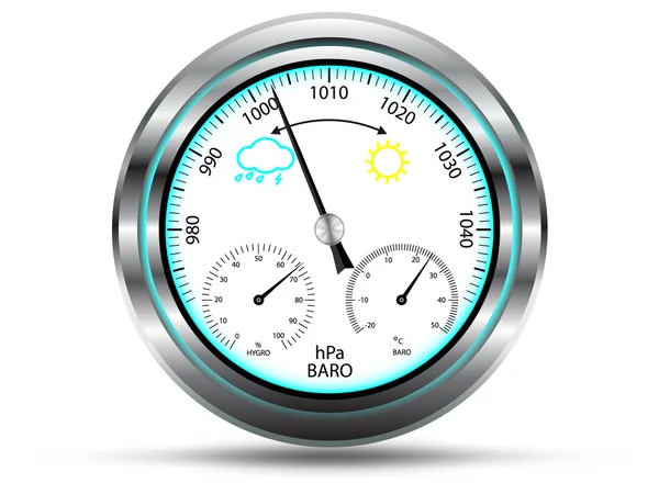 Strumento barometro, con due bilance supplementari per la misura della temperatura dell'aria e dell'umidità dell'aria, con struttura metallica, isolato su bianco, vettore — Vettoriale Stock