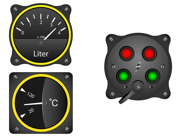 Medidores de combustible y temperatura, e interruptor de encendido, estilo de aviación vintage, vector, aislado en blanco — Archivo Imágenes Vectoriales