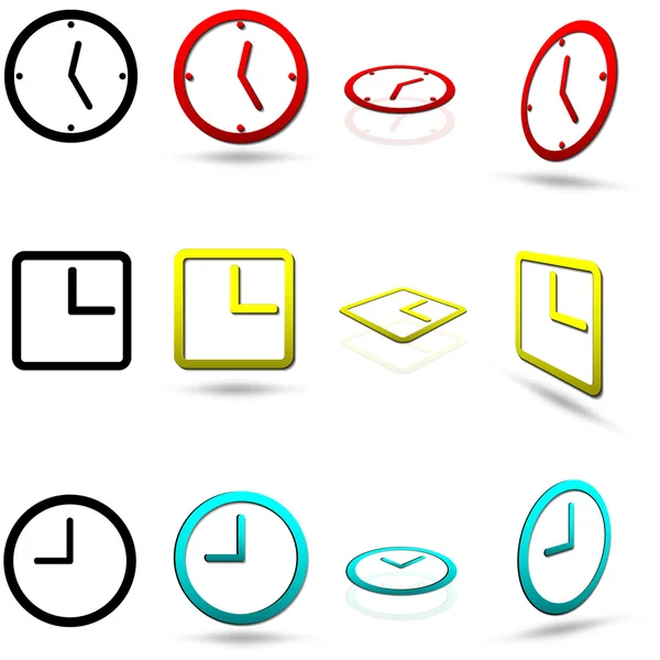 Conjunto de doce iconos de reloj, en varios colores, también en vistas normales y de perspectiva, aislados en blanco — Archivo Imágenes Vectoriales