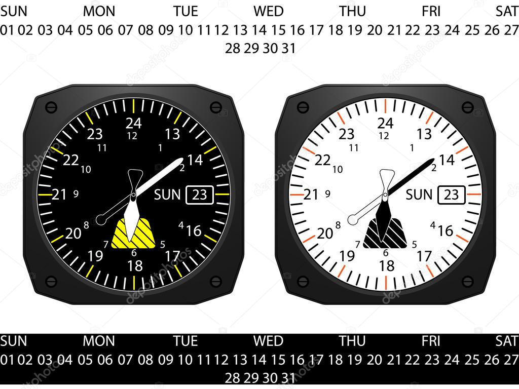 Airplane cockpit instrument clock,with day and date function, vector
