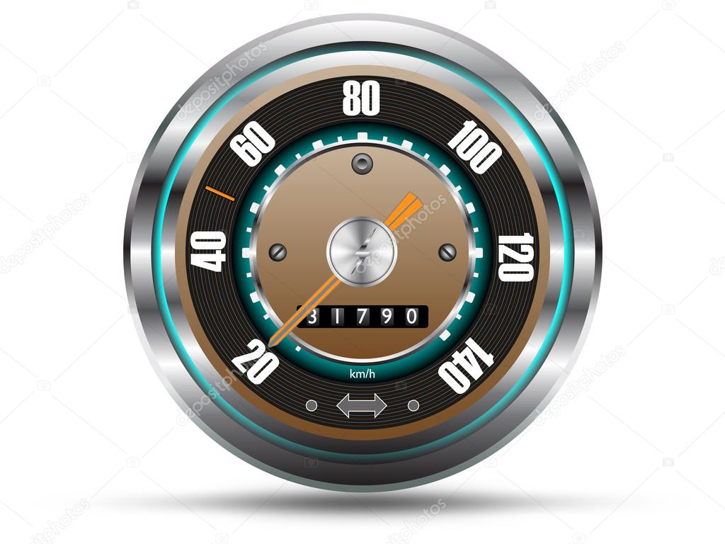 Retro style speedometer, with silver chrome frame, isolated on white background, vector