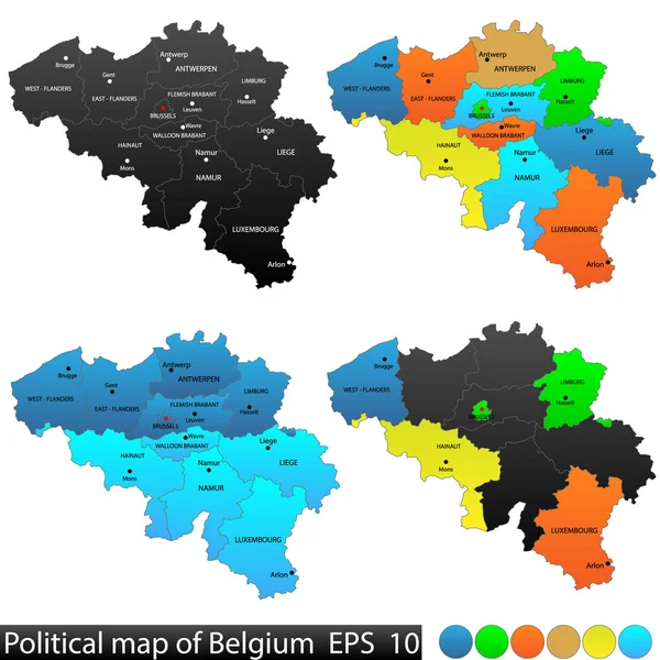 Mapa político e de localização da Bélgica. Arquivo versátil, cada peça é selecionável e editável no painel de camadas. Ligue e desligue a visibilidade de cada província em um clique. Vetor, eps 10 . — Vetor de Stock