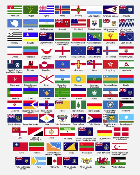Флаги мира, зависимости, провинции, острова, территории, спорные территории, регионы, непризнанные ООН, самопровозглашенные, сбор, eps 10 — стоковый вектор