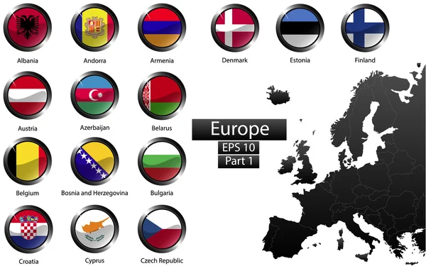 Banderas nacionales detalladas de los países europeos, recortadas en forma redonda botones de metal brillante, vector, parte 1 — Vector de stock