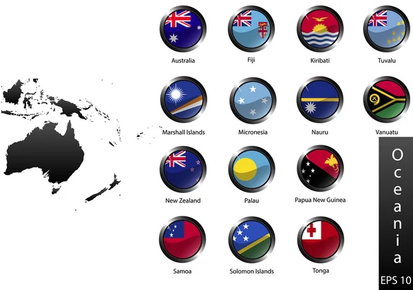 Banderas nacionales detalladas de Australia y Oceanía países, recortadas en forma redonda botones de metal brillante, vector — Vector de stock