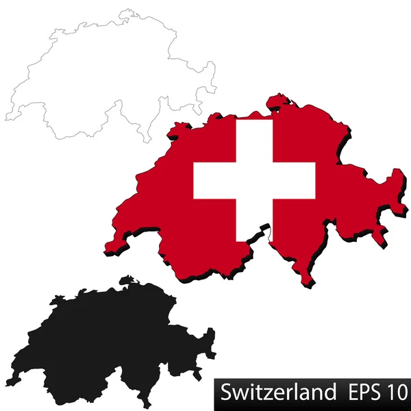 Landkarten der Schweiz, dreidimensional, mit Flagge innerhalb der Grenzen und Schatten sowie schwarz-weißen Konturen der Landesform, Vektor — Stockvektor