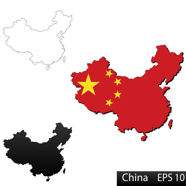 Maps of China, 3 dimensional with flag clipped inside borders,and shadow, and black and white contours of country shape, vector