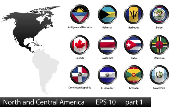 Banderas nacionales de alto detalle de los países de América del Norte y Central, recortadas en forma redonda botones de metal brillante, vector, parte 1 — Vector de stock