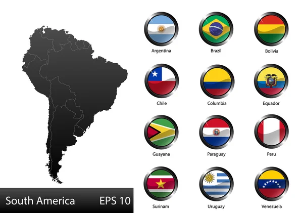 Banderas nacionales detalladas de los países de América del Sur, recortadas en forma redonda botones de metal brillante, vector — Vector de stock