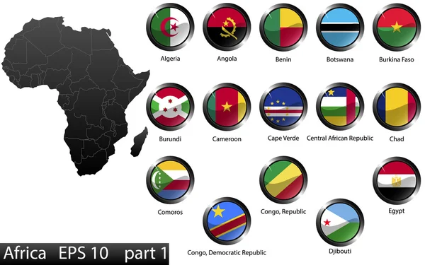 Hög detaljerade nationella flaggor av de afrikanska länderna, klippt i rund form glänsande metall knappar, vektor, del 1 Royaltyfria Stockvektorer
