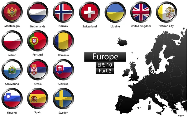 Hög detaljerade nationella flaggor i Europeiska länder, klippt i rund form glänsande metall knappar, vektor, del 3 Vektorgrafik