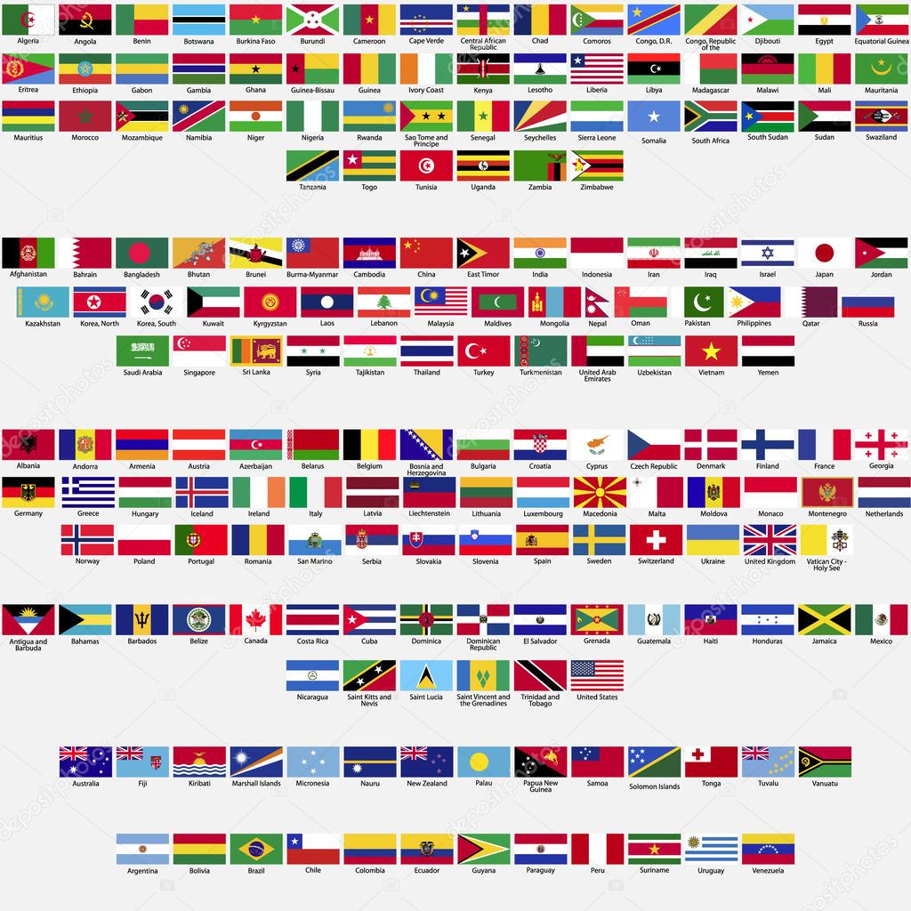 Flags of the world, all sovereign states recognized by UN, collection, listed alphabetically by continents, eps 10